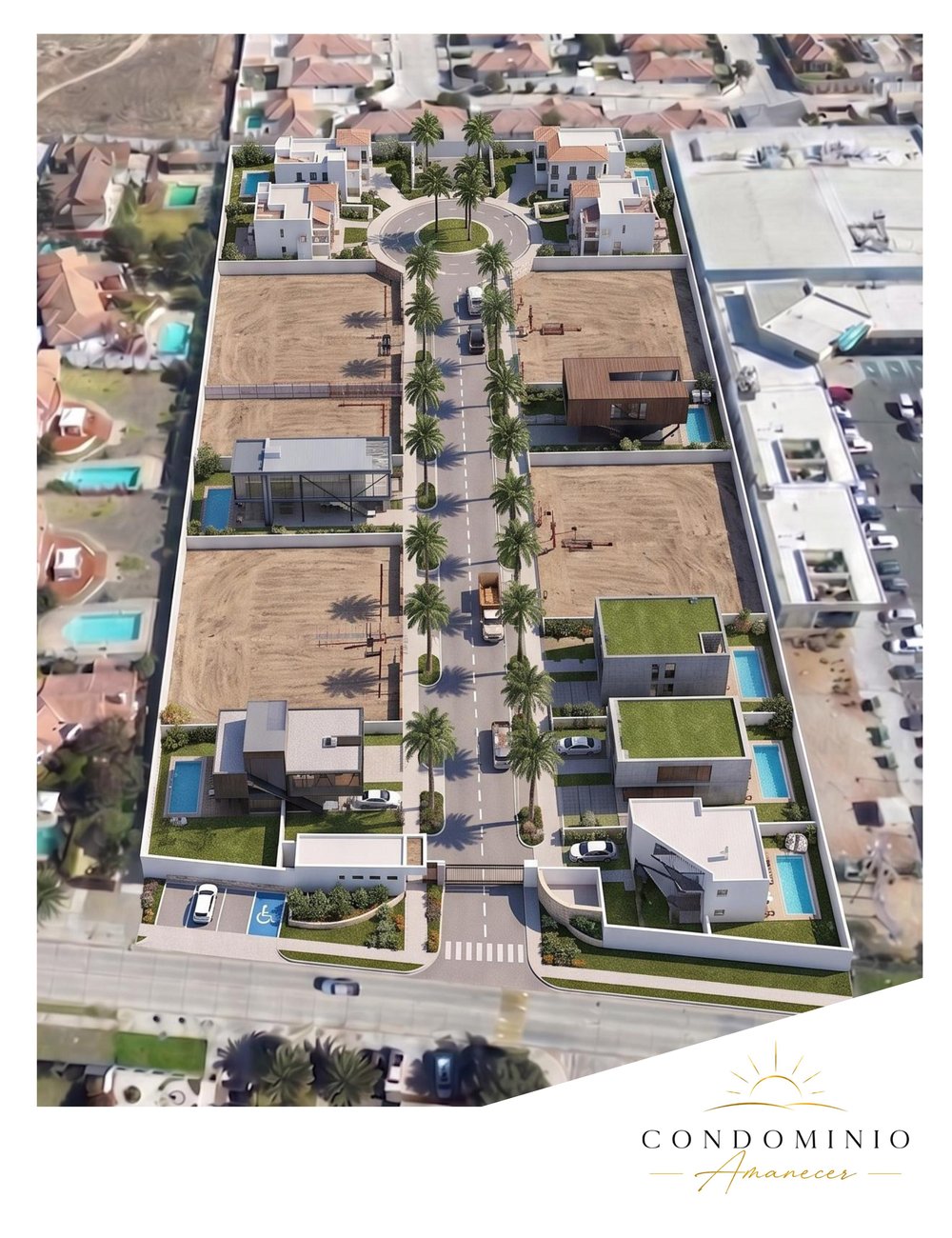 Vista aérea fotorrealista de Condominio Amanecer, mostrando la calle interior con palmeras, rotonda y casas en construcción
